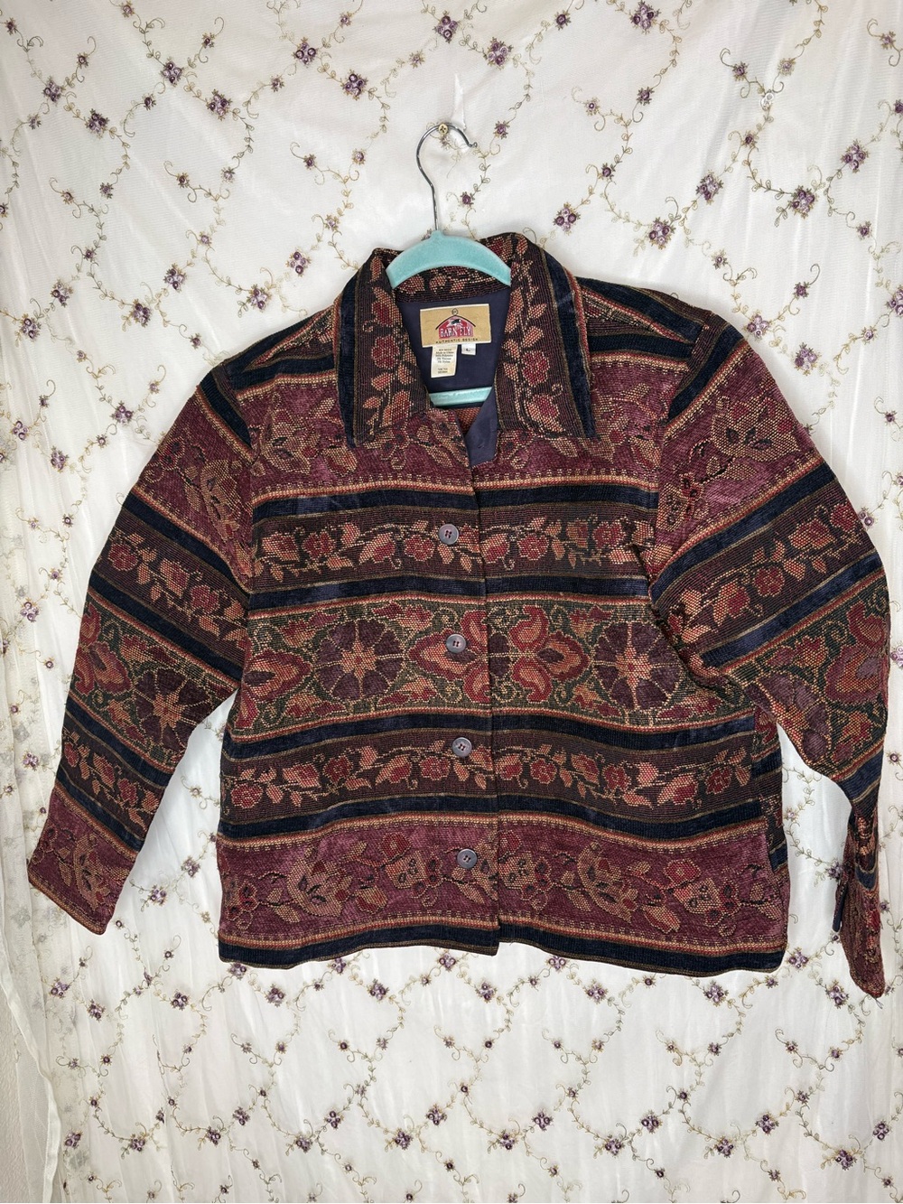 Barn Fly Tapestry Button-Up Jacket in Burgundy, Black & Green